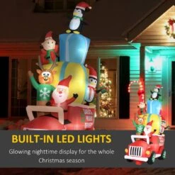OUTSUNNY 9 Ft. LED Animatronic Santa Claus Drives A Gift Car With Elk, Elf And 2 Penguins Inflatable Halloween -Christmas Decor Shop outsunny christmas inflatables 844 530v80mx 44 1000
