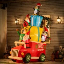 OUTSUNNY 9 Ft. LED Animatronic Santa Claus Drives A Gift Car With Elk, Elf And 2 Penguins Inflatable Halloween -Christmas Decor Shop outsunny christmas inflatables 844 530v80mx c3 1000