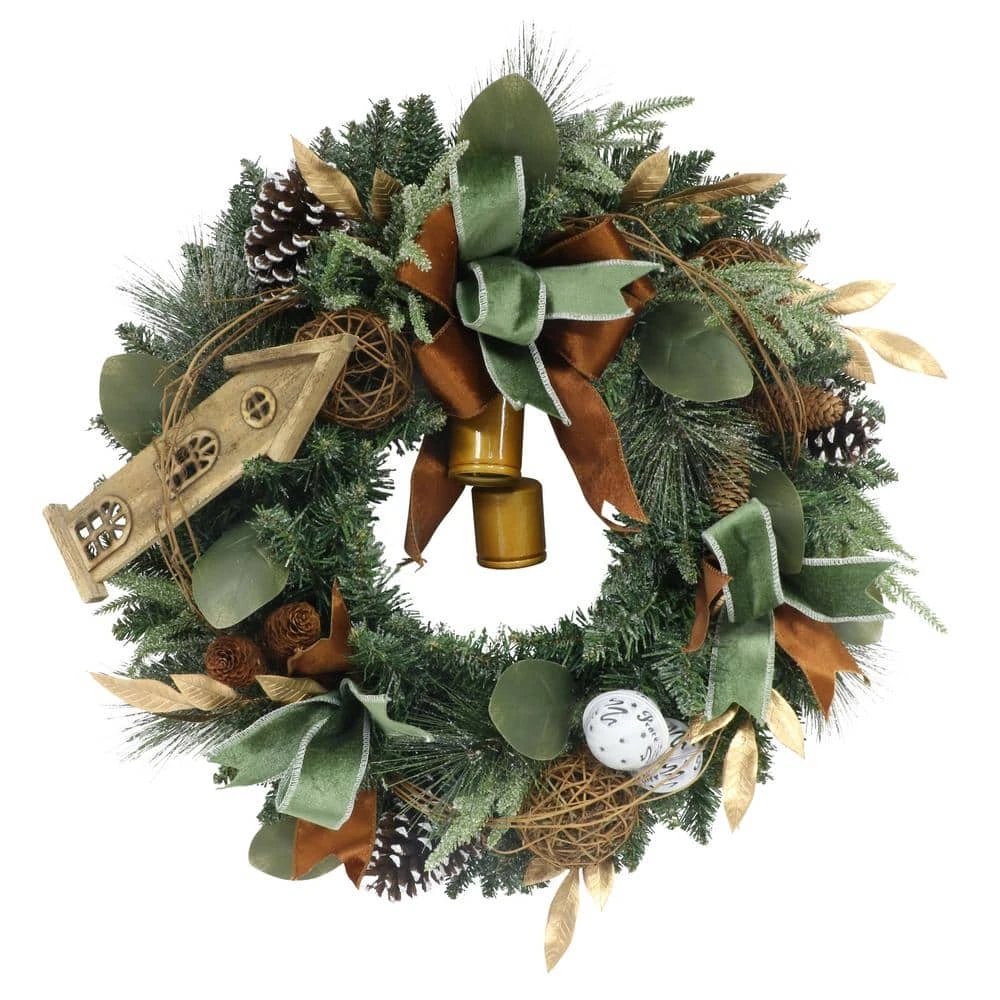 24 In. Green Unlit Artificial Christmas Wreath With Brown Decorations 3 24 In. Green Unlit Artificial Christmas Wreath With Brown Decorations