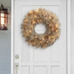 24 In. Battery-Operated Pre-Lit Tan Artificial Christmas Wreath With 35 Warm White Lights -Christmas Decor Shop puleo international christmas garland 4629 w24lw035 bo 31 1000