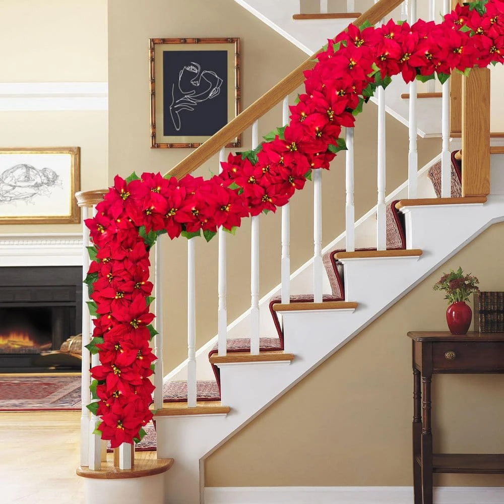 6 Ft. X 12 In. Pre-Lit Battery-Operated Red Poinsettia Artificial Christmas Garland 5 6 Ft. X 12 In. Pre-Lit Battery-Operated Red Poinsettia Artificial Christmas Garland - Image 3