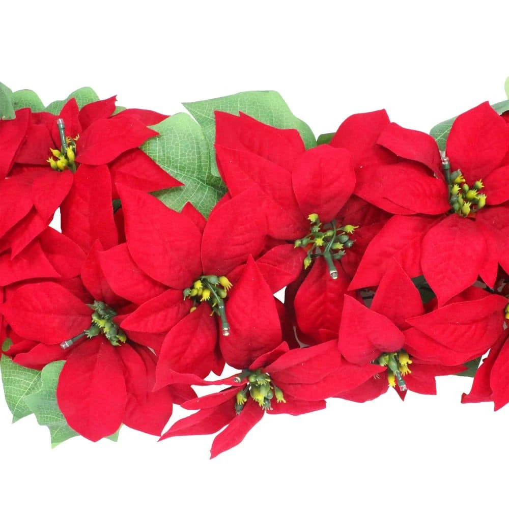 6 Ft. X 12 In. Pre-Lit Battery-Operated Red Poinsettia Artificial Christmas Garland 4 6 Ft. X 12 In. Pre-Lit Battery-Operated Red Poinsettia Artificial Christmas Garland - Image 2