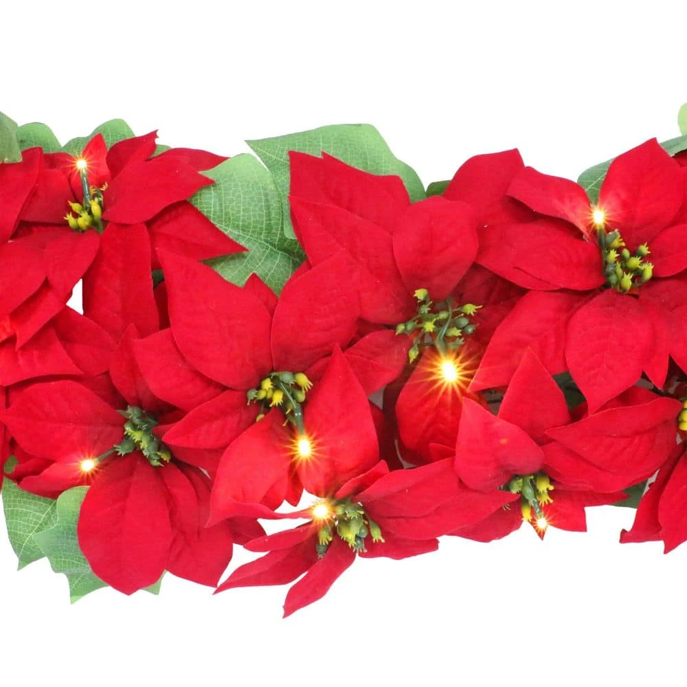 6 Ft. X 12 In. Pre-Lit Battery-Operated Red Poinsettia Artificial Christmas Garland 6 6 Ft. X 12 In. Pre-Lit Battery-Operated Red Poinsettia Artificial Christmas Garland - Image 4
