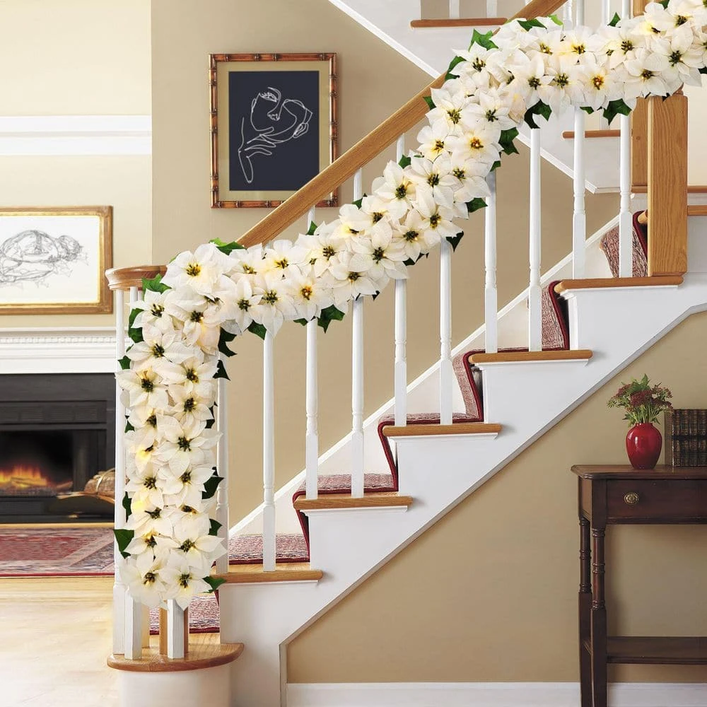 6ft. X 12 In. Pre-Lit Battery-Operated White Poinsettia Artificial Christmas Garland 5 6ft. X 12 In. Pre-Lit Battery-Operated White Poinsettia Artificial Christmas Garland - Image 3