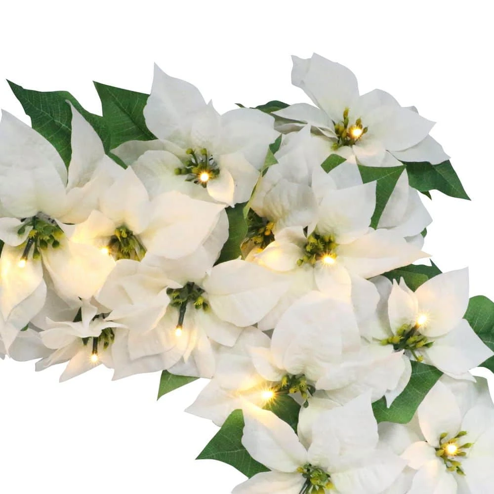 6ft. X 12 In. Pre-Lit Battery-Operated White Poinsettia Artificial Christmas Garland 6 6ft. X 12 In. Pre-Lit Battery-Operated White Poinsettia Artificial Christmas Garland - Image 4