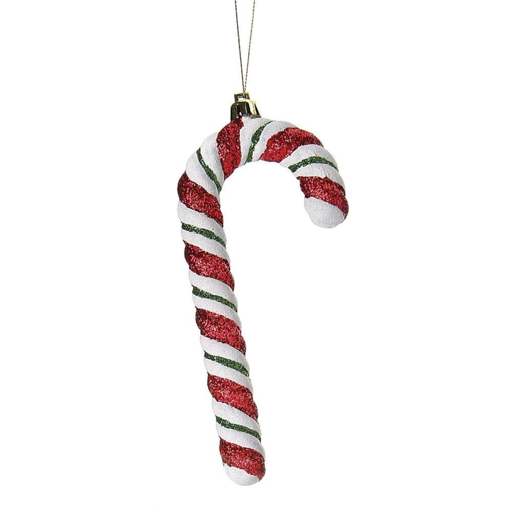 7 In. Red Plastic Candy Cane With Glitter Christmas Ornament 3 7 In. Red Plastic Candy Cane With Glitter Christmas Ornament