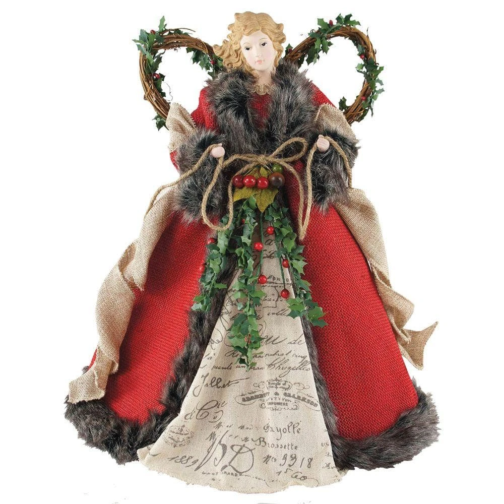 16 In. Angel Tree Topper Red Homespun With Garland 3 16 In. Angel Tree Topper Red Homespun With Garland