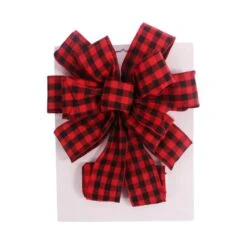 Burlap/PVC 11 In. X 31 In. Christmas Tree Topper Bow -Red Holiday Plaid
