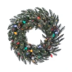 STERLING 24 In. Lightly Flocked Smoky Mountain Artificial Christmas Wreath With Pine Cones, 65 UL Multi- Color Lights