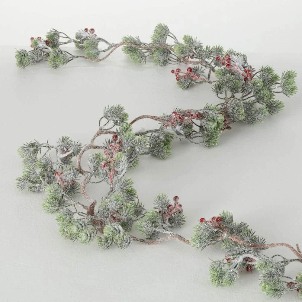 6 Ft. Artificial Unlit Snowy Pine Berry Christmas Garland, Green 3 6 Ft. Artificial Unlit Snowy Pine Berry Christmas Garland, Green