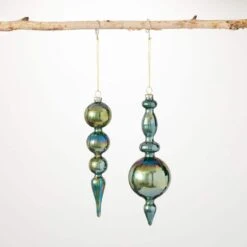8.5" And 10" Lustrous Teal Finial Ornament (Set Of 2)