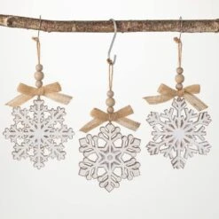 6.25 In. Wood Snowflake Ornament - Set Of 3, White Christmas Ornaments