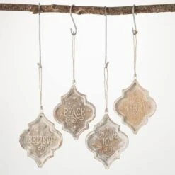 5 In. Holiday Text Wood Ornament - Set Of 4, White Christmas Ornaments