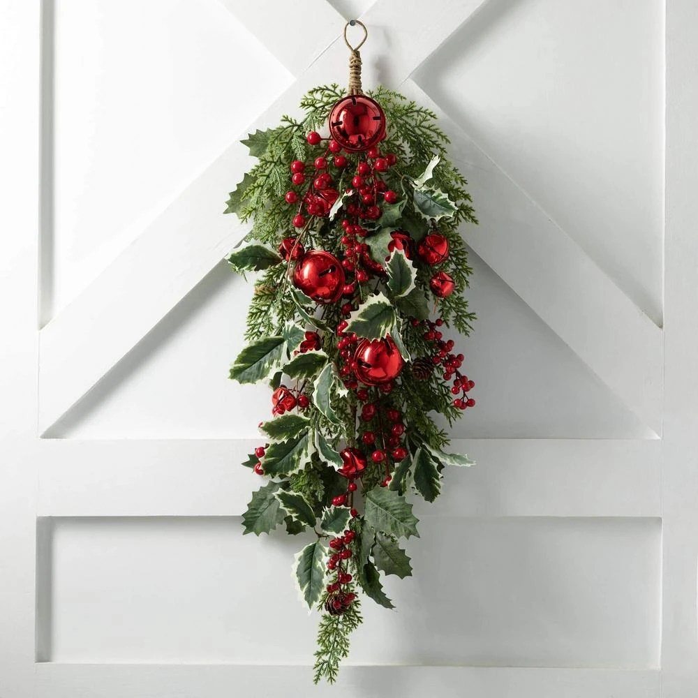 30" Jingle Bell Holly Pine Artificial Christmas Swag, Green-Red 5 30" Jingle Bell Holly Pine Artificial Christmas Swag, Green-Red - Image 3