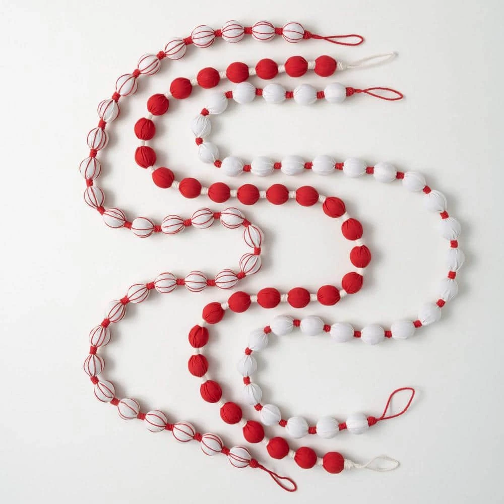 72 In. Candy Cane Fabric Ball Garland - Set Of 3, Red Christmas Garland 3 72 In. Candy Cane Fabric Ball Garland - Set Of 3, Red Christmas Garland