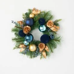 19 In. Blue Unlit Ornamental Pine Mini Artificial Christmas Wreath