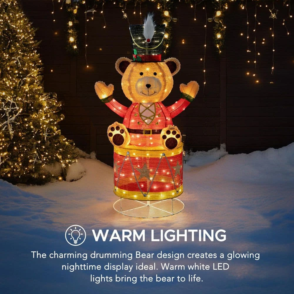57 In. Christmas Lighted Drumming Bear, 3D Tinsel Santa Outdoor Garden Yard Lawn Festive Holiday Decoration With Lights 5 57 In. Christmas Lighted Drumming Bear, 3D Tinsel Santa Outdoor Garden Yard Lawn Festive Holiday Decoration With Lights - Image 3