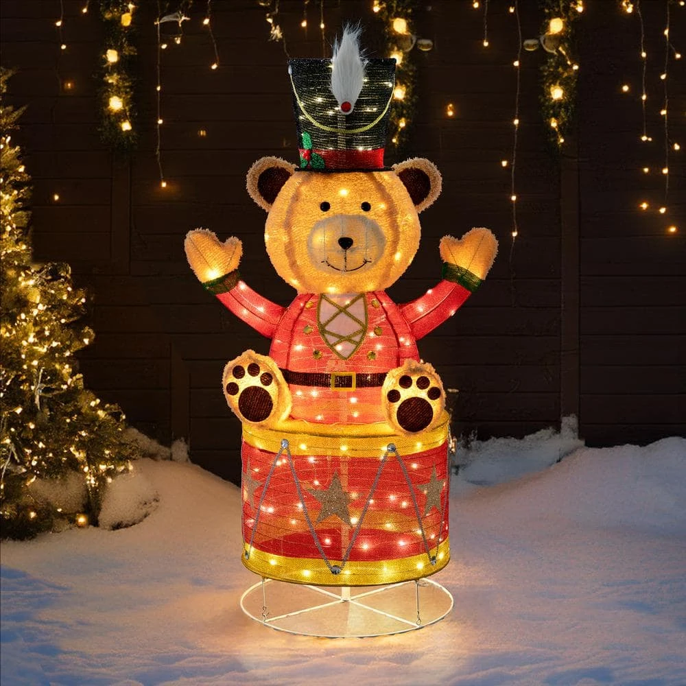 57 In. Christmas Lighted Drumming Bear, 3D Tinsel Santa Outdoor Garden Yard Lawn Festive Holiday Decoration With Lights 14 57 In. Christmas Lighted Drumming Bear, 3D Tinsel Santa Outdoor Garden Yard Lawn Festive Holiday Decoration With Lights - Image 12