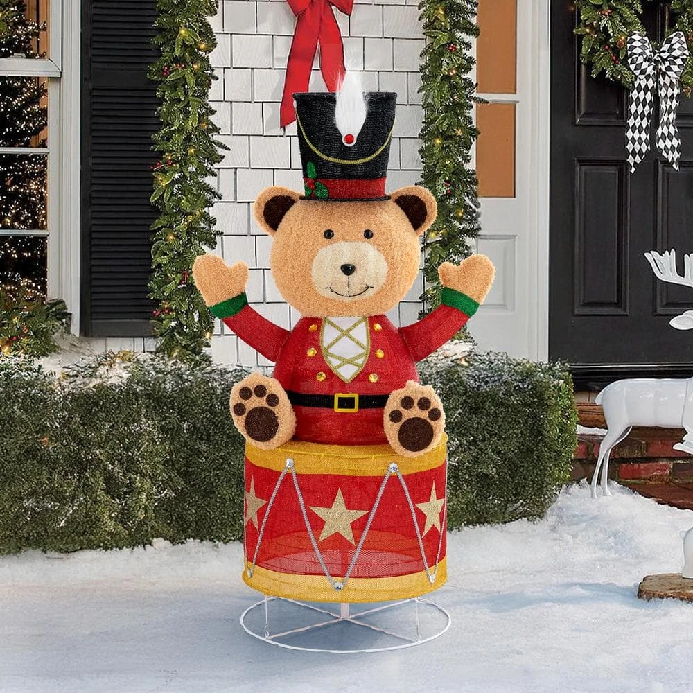 57 In. Christmas Lighted Drumming Bear, 3D Tinsel Santa Outdoor Garden Yard Lawn Festive Holiday Decoration With Lights 4 57 In. Christmas Lighted Drumming Bear, 3D Tinsel Santa Outdoor Garden Yard Lawn Festive Holiday Decoration With Lights - Image 2