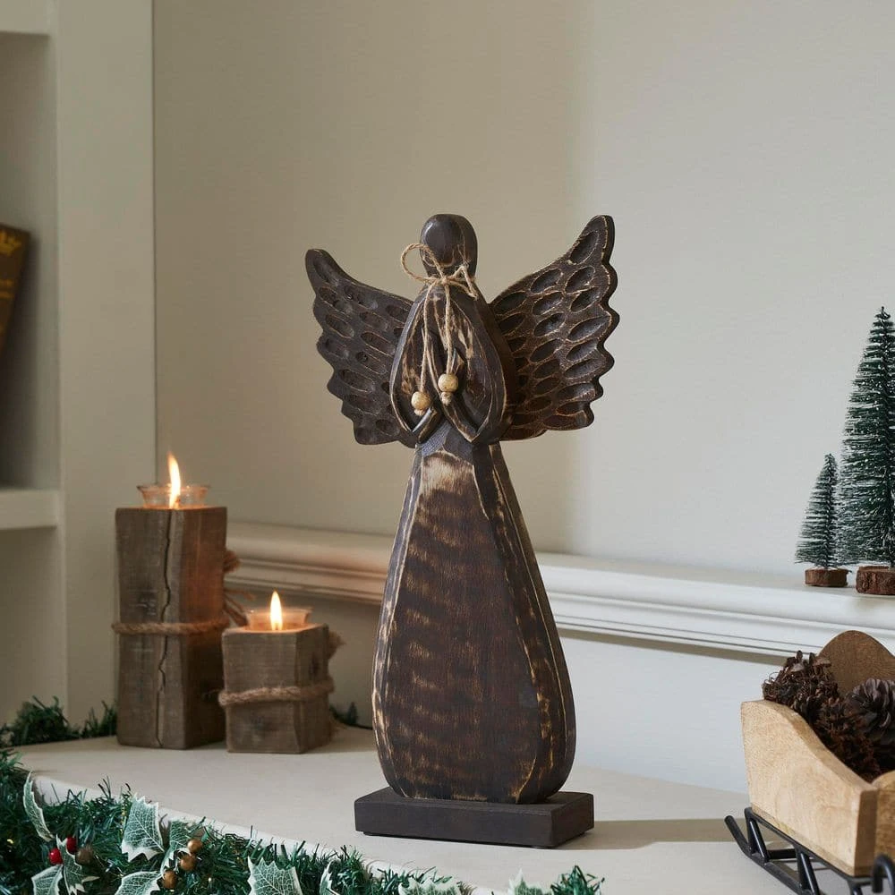 17 In. Dark Wooden Christmas Angel 4 17 In. Dark Wooden Christmas Angel - Image 2