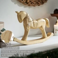 9.5 In. Brushed Gold Wooden Christmas Rocking Horse -Christmas Decor Shop vhc brands christmas figurines 90007 1f 1000