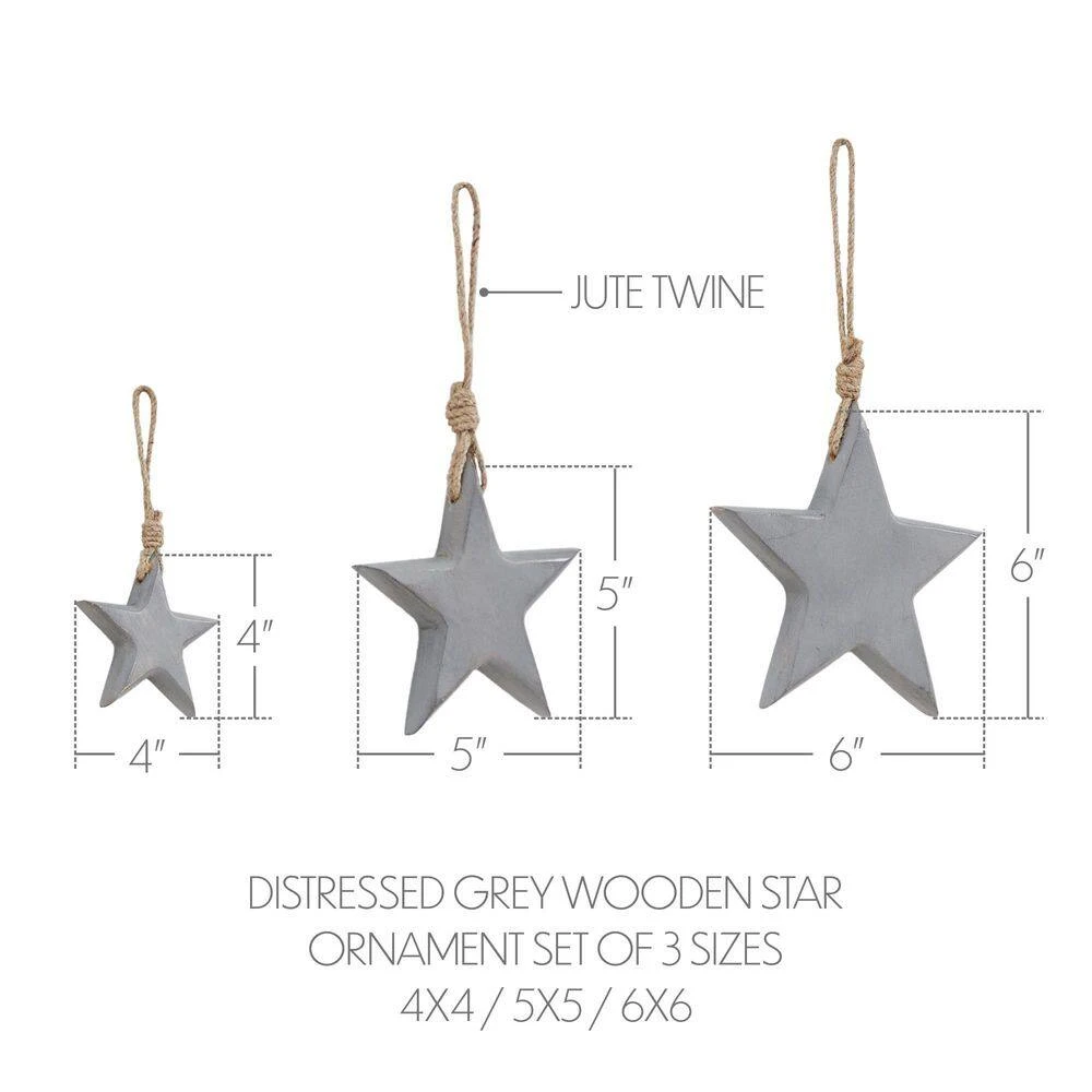6 In. Distress Gray Wooden Star Christmas Ornament (Set Of 3) 5 6 In. Distress Gray Wooden Star Christmas Ornament (Set Of 3) - Image 3