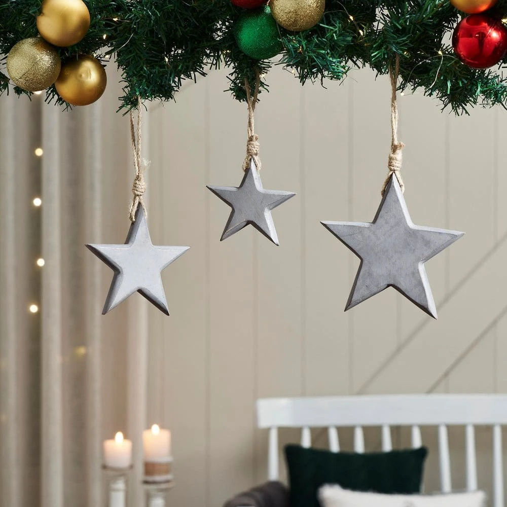 6 In. Distress Gray Wooden Star Christmas Ornament (Set Of 3) 4 6 In. Distress Gray Wooden Star Christmas Ornament (Set Of 3) - Image 2