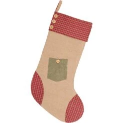 20 In. Cotton And Jute Green Dolly Star Primitive Christmas Decor Pocket Stocking