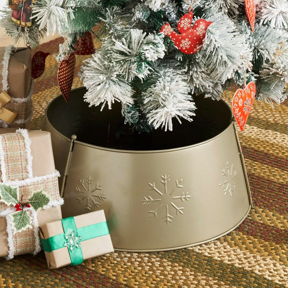 Stamped Snowflake 20 In. D Metal Antique Gold Tree Collar 4 Stamped Snowflake 20 In. D Metal Antique Gold Tree Collar - Image 2