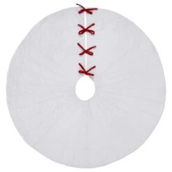 48 In. White Velvet Quilted Christmas Tree Skirt With Red Bow Ties