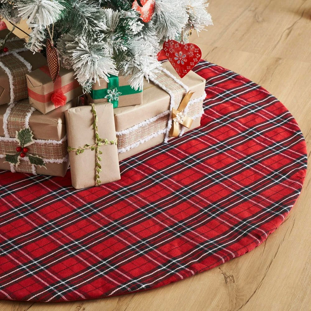 48 In. Red Tartan Plaid Polyester Christmas Tree Skirt 4 48 In. Red Tartan Plaid Polyester Christmas Tree Skirt - Image 2