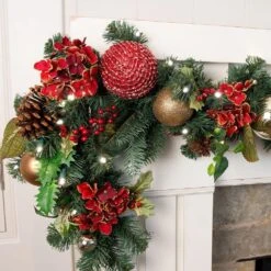 9 Ft. Pre-Lit LED Scarlet Hydrangea Garland -Christmas Decor Shop village lighting company christmas garland v 11091 1f 1000