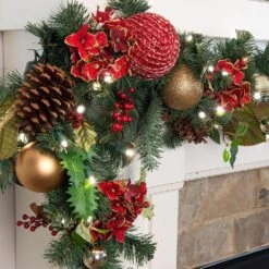 9 Ft. Pre-Lit LED Scarlet Hydrangea Garland -Christmas Decor Shop village lighting company christmas garland v 11091 4f 1000