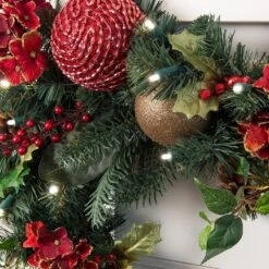 9 Ft. Pre-Lit LED Scarlet Hydrangea Garland -Christmas Decor Shop village lighting company christmas garland v 11091 c3 1000