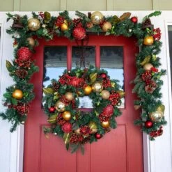 9 Ft. Pre-Lit LED Scarlet Hydrangea Garland -Christmas Decor Shop village lighting company christmas garland v 11091 fa 1000