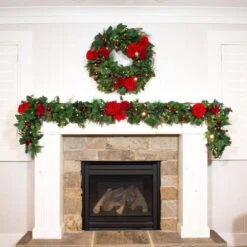 9 Ft. Pre-Lit LED Red Peonies And Berry Garland 11 9 Ft. Pre-Lit LED Red Peonies And Berry Garland -Christmas Decor Shop village lighting company christmas garland v 20705 31 1000