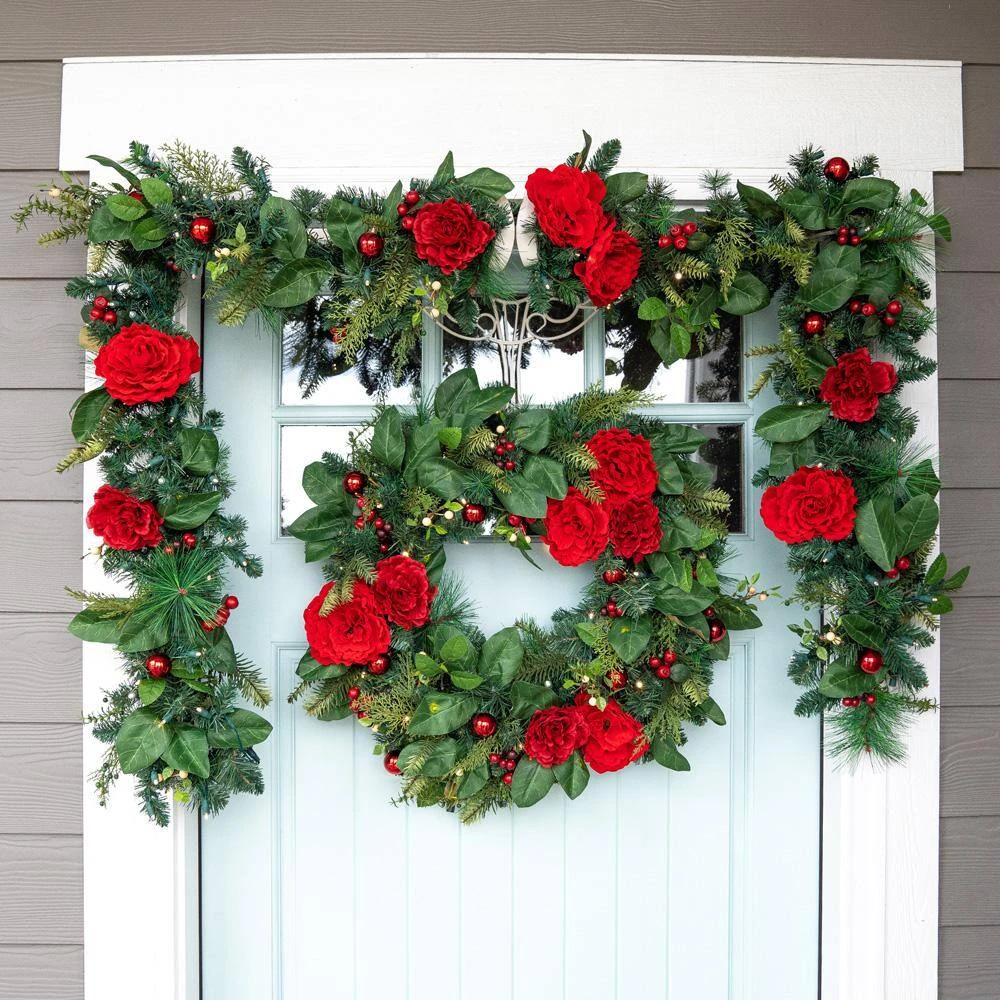9 Ft. Pre-Lit LED Red Peonies And Berry Garland 5 9 Ft. Pre-Lit LED Red Peonies And Berry Garland - Image 3