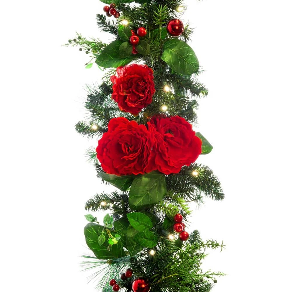 9 Ft. Pre-Lit LED Red Peonies And Berry Garland 3 9 Ft. Pre-Lit LED Red Peonies And Berry Garland