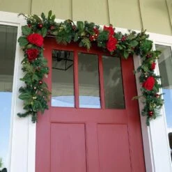 9 Ft. Pre-Lit LED Red Peonies And Berry Garland 8 9 Ft. Pre-Lit LED Red Peonies And Berry Garland -Christmas Decor Shop village lighting company christmas garland v 20705 e1 1000