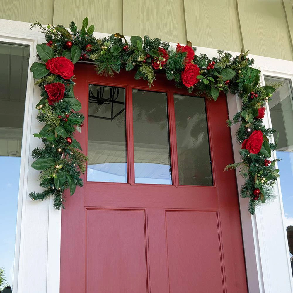 9 Ft. Pre-Lit LED Red Peonies And Berry Garland 4 9 Ft. Pre-Lit LED Red Peonies And Berry Garland - Image 2