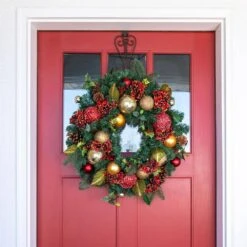 30 In. Artificial Pre-Lit LED Scarlet Hydrangea Wreath -Christmas Decor Shop village lighting company christmas wreaths v 11090 e1 1000