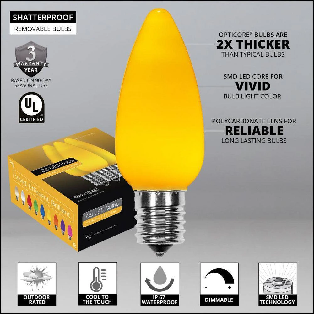 OptiCore C9 LED Gold Smooth/Opaque Shatter-Resistant Christmas Light Bulbs (25-Pack) 4 OptiCore C9 LED Gold Smooth/Opaque Shatter-Resistant Christmas Light Bulbs (25-Pack) - Image 2